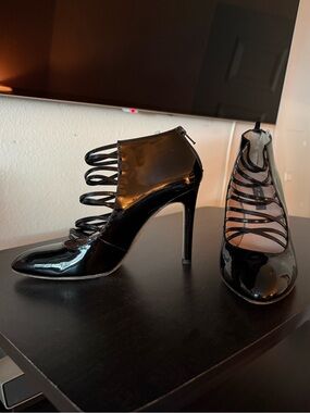SJP Black Patent Strappy High-Heel Pumps